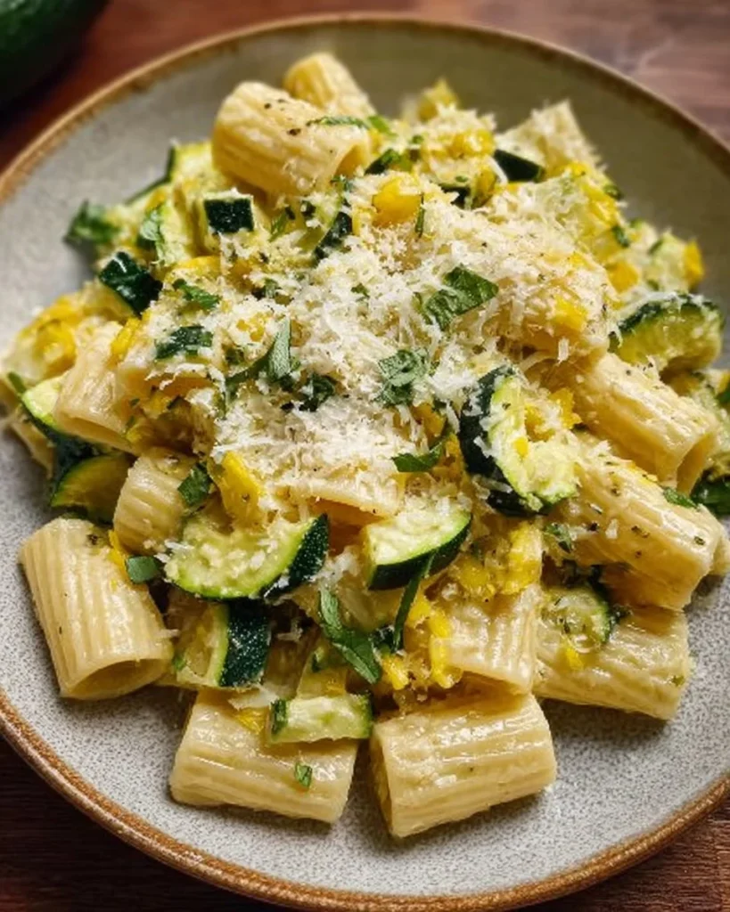 Served Lemon Zucchini Rigatoni topped with Parmesan cheese