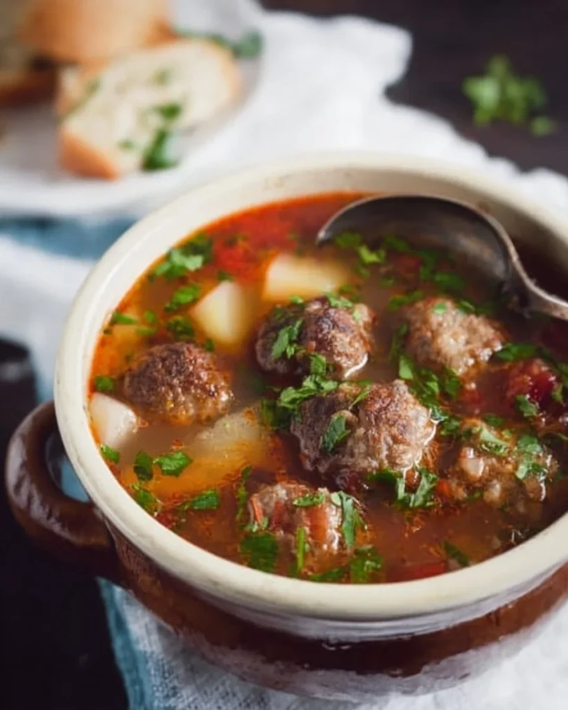 Bowl of hearty meatball soup with fresh herbs and vegetables