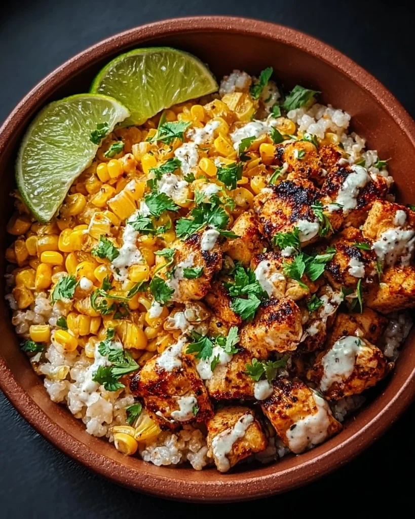 Delicious Mexican Street Corn Chicken Bowl with chicken, corn, and toppings
