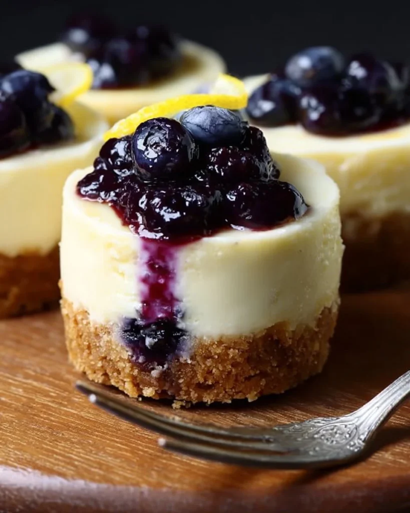 Mini lemon blueberry cheesecakes topped with fresh blueberries