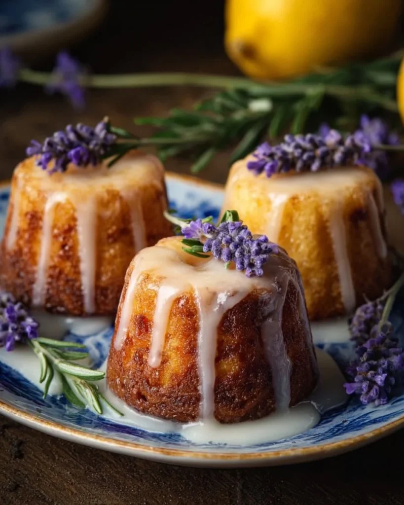 Mini lemon cakes with lavender glaze on a decorative platter