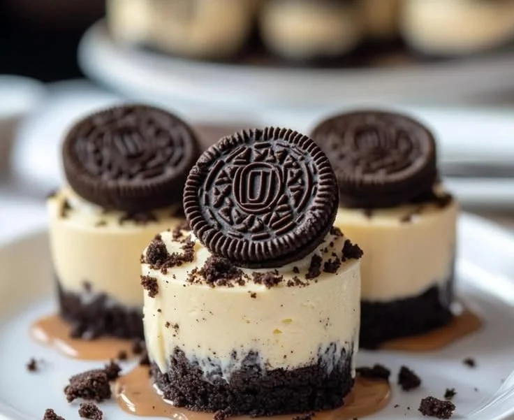 Delicious no-bake mini Oreo cheesecakes topped with crushed Oreos.