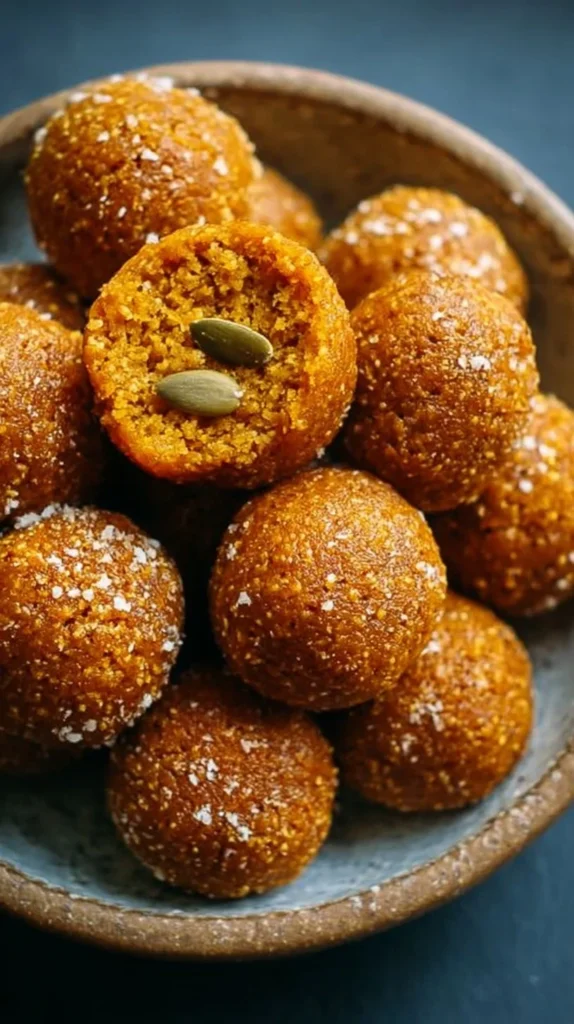 No-bake pumpkin protein balls served on a plate with autumn decorations
