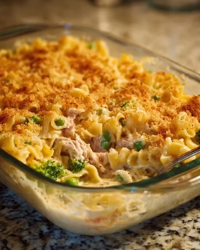 A deliciously creamy No-Soup Tuna Noodle Casserole topped with breadcrumbs.