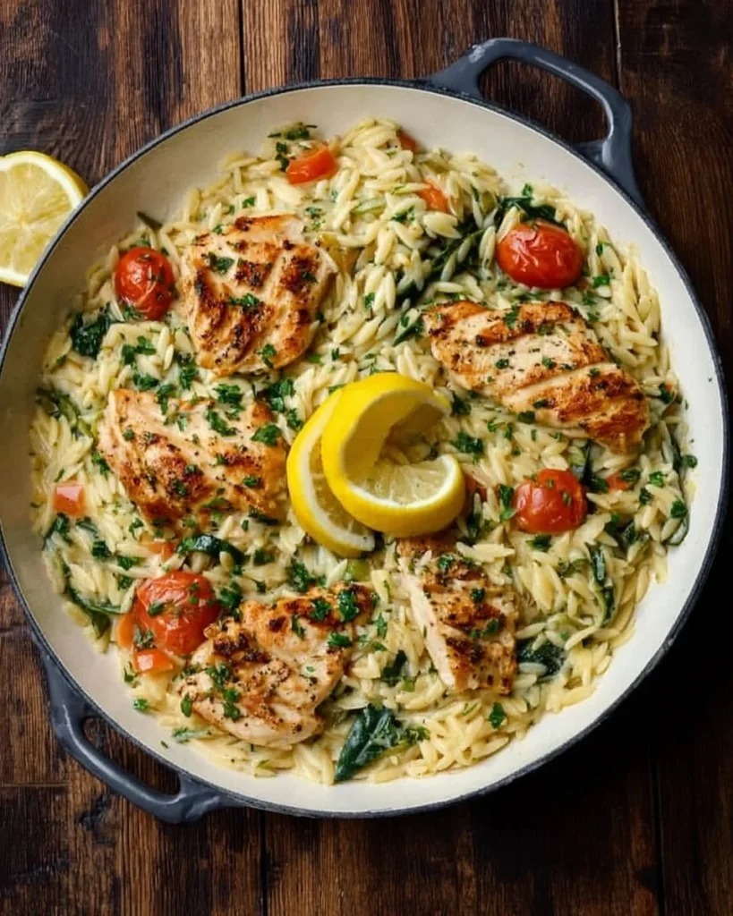 One-Pan Lemon Chicken and Veggie Orzo dish served in a skillet