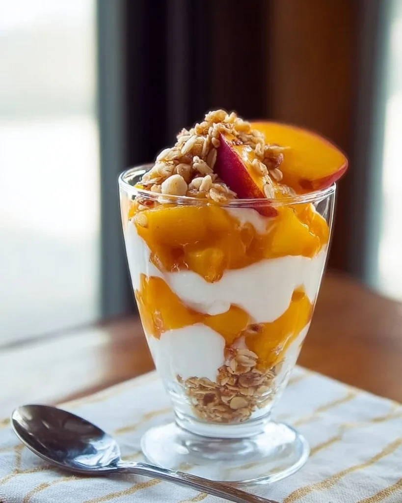 Delicious Peach Yogurt Dessert Parfait with layers of yogurt and fresh peaches