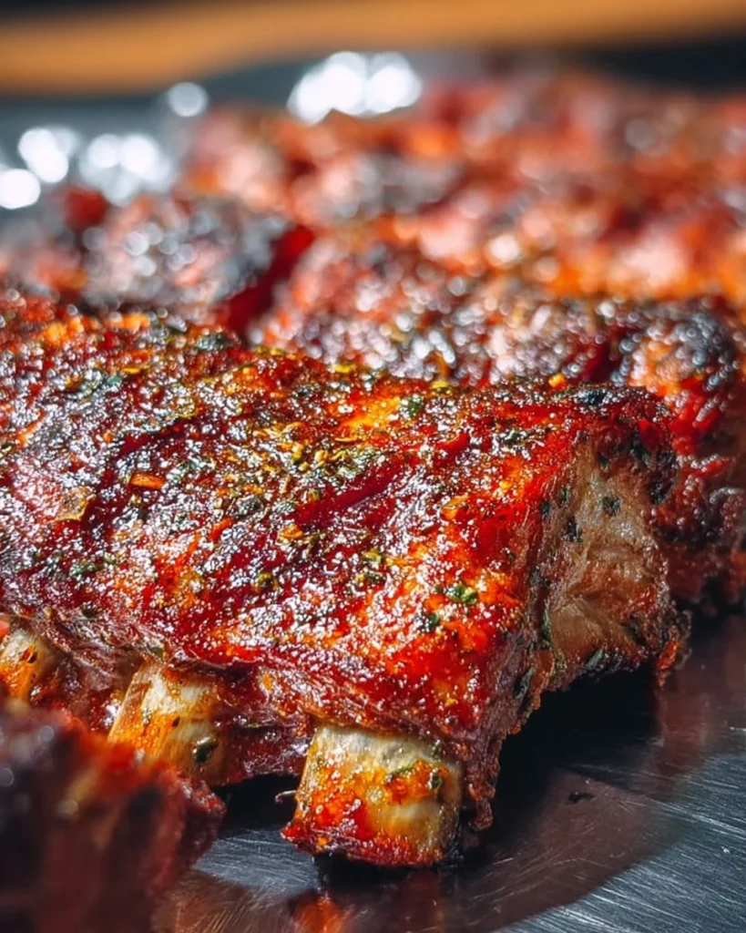 Delicious grilled BBQ spare ribs served on a platter with sauce and sides.