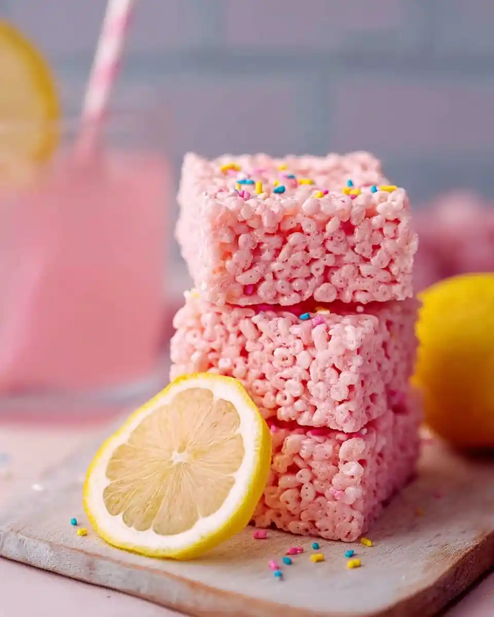 A stack of three pink lemonade rice krispie treats with colorful sprinkles next to a fresh lemon slice.