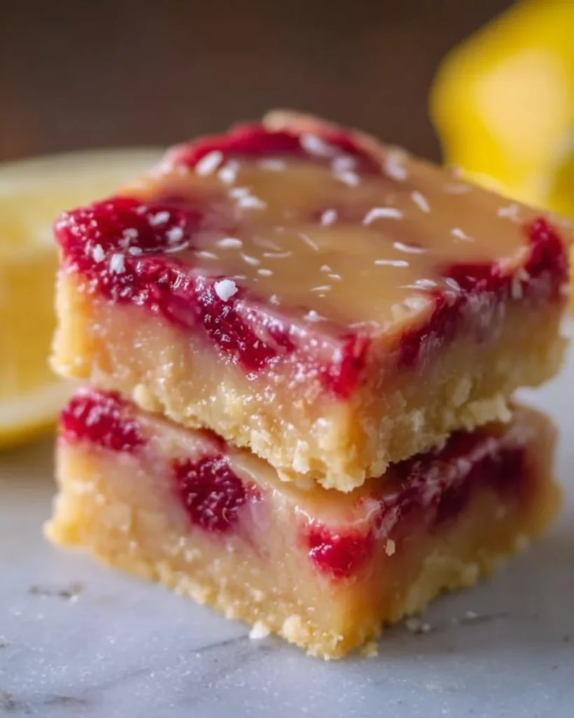 Delicious Raspberry Lemonade Bars with a vibrant raspberry topping and lemon base.