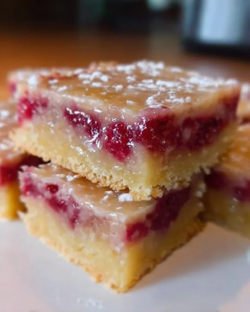Delicious raspberry lemonade bars topped with fresh raspberries and lemon zest.