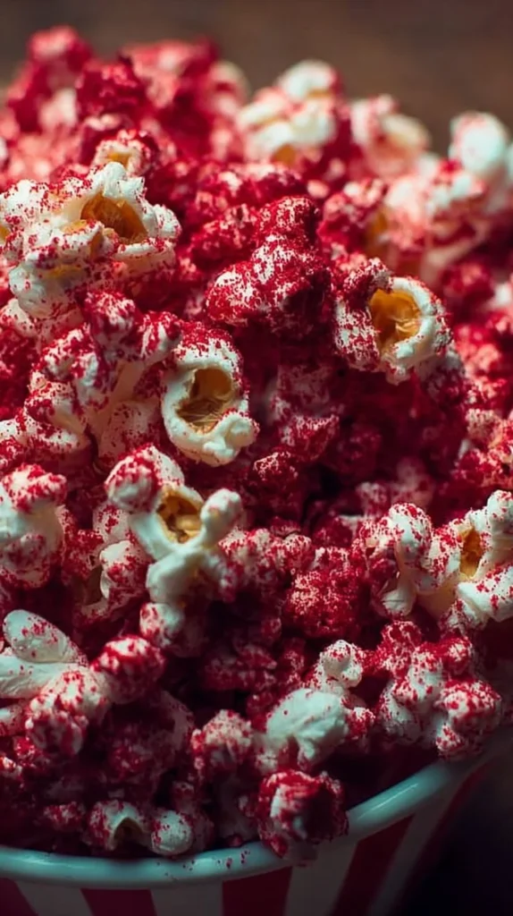 Delicious red velvet popcorn in a bowl, topped with white chocolate drizzle.