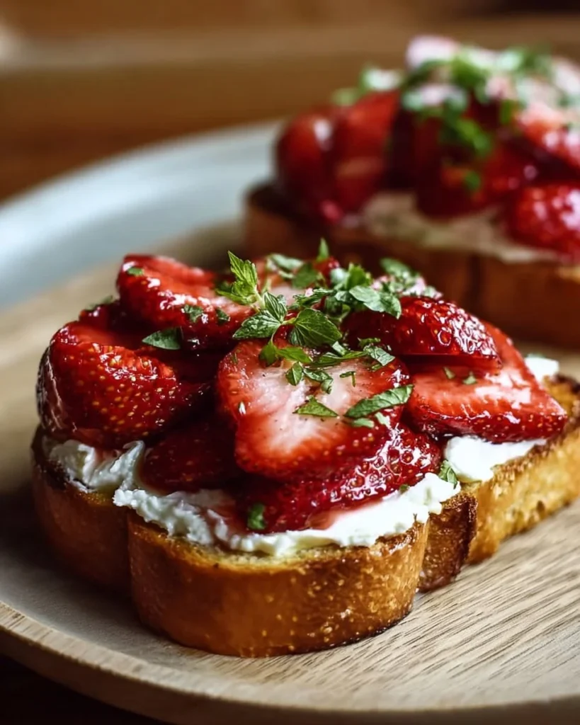 Roasted strawberry whipped ricotta toast topped with fresh strawberries
