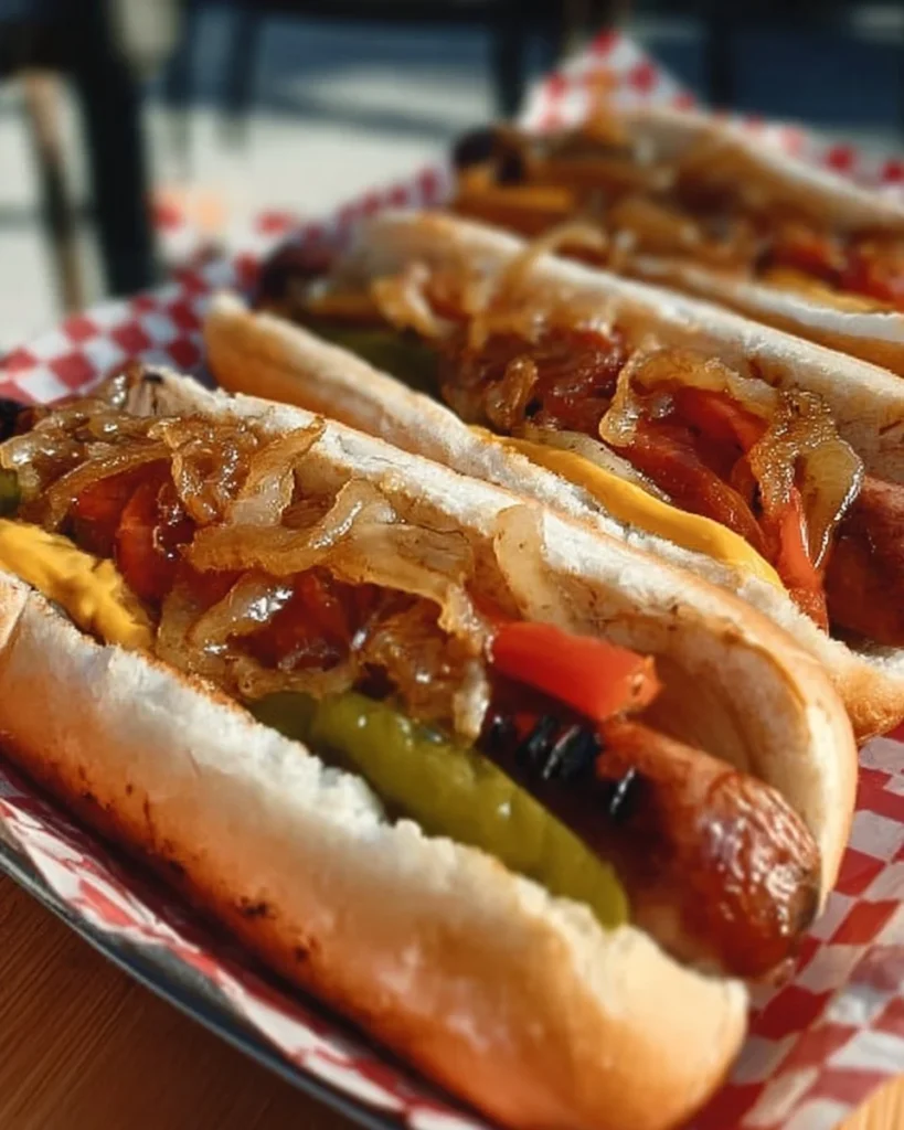 Delicious Seattle hot dogs from a local food stand with unique toppings