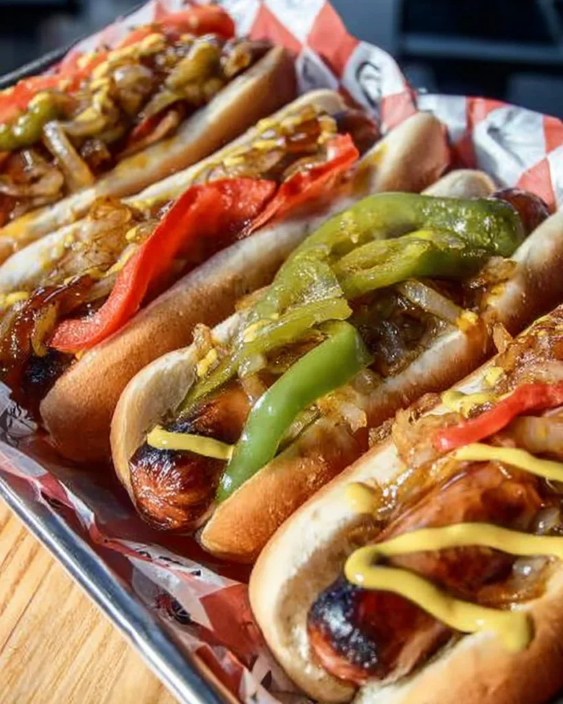Delicious Seattle hot dogs with various toppings served at a local food stand.