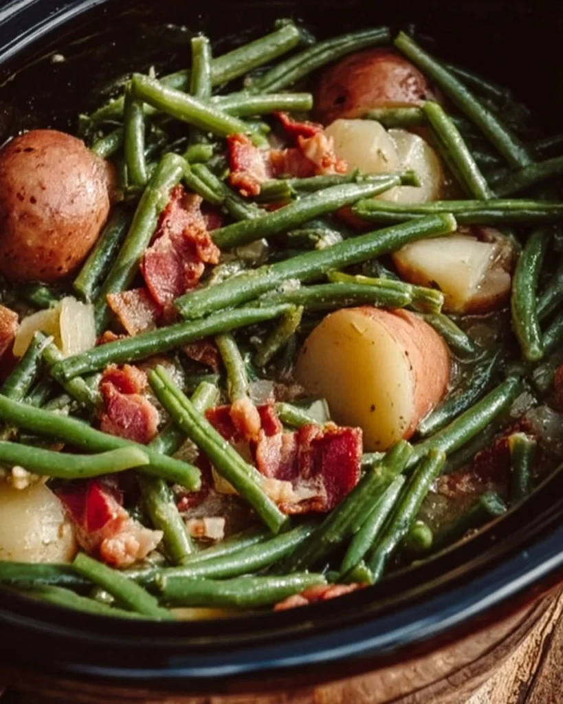 Slow cooker green beans with bacon and potatoes in a bowl