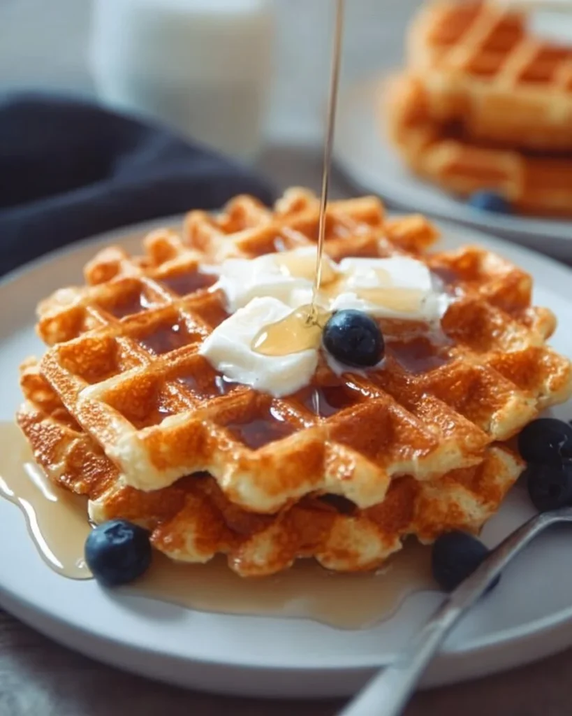 Delicious sourdough buttermilk waffles served with syrup and berries.