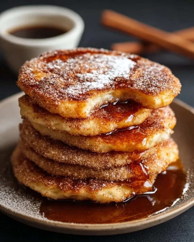 Delicious Spanish churro pancakes served with chocolate sauce and whipped cream
