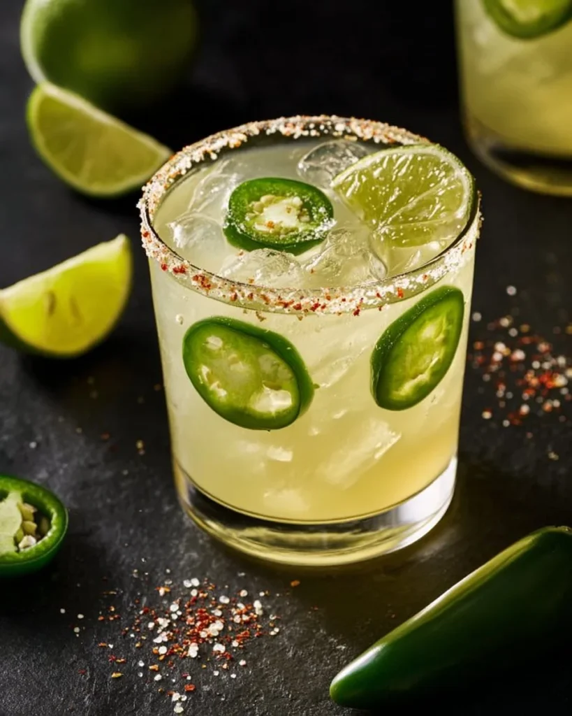Fresh Spicy Jalapeño Margarita served in a glass with lime garnish