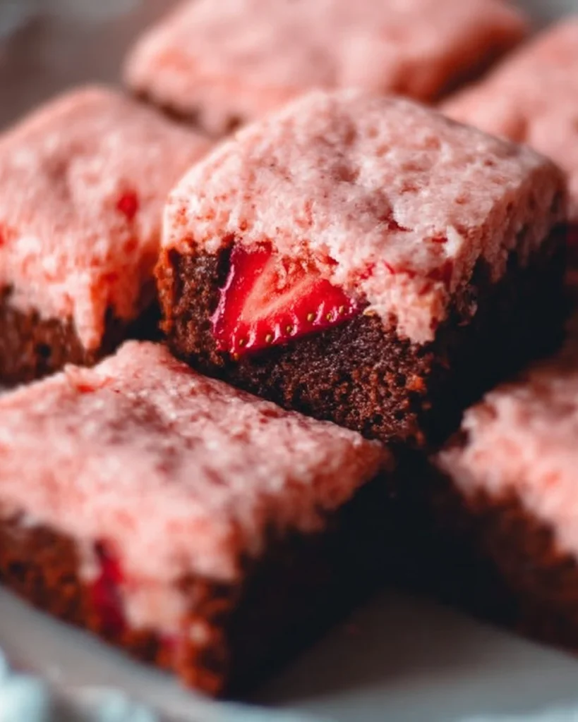 Delicious strawberry brownies with chocolate and fresh strawberries on a plate