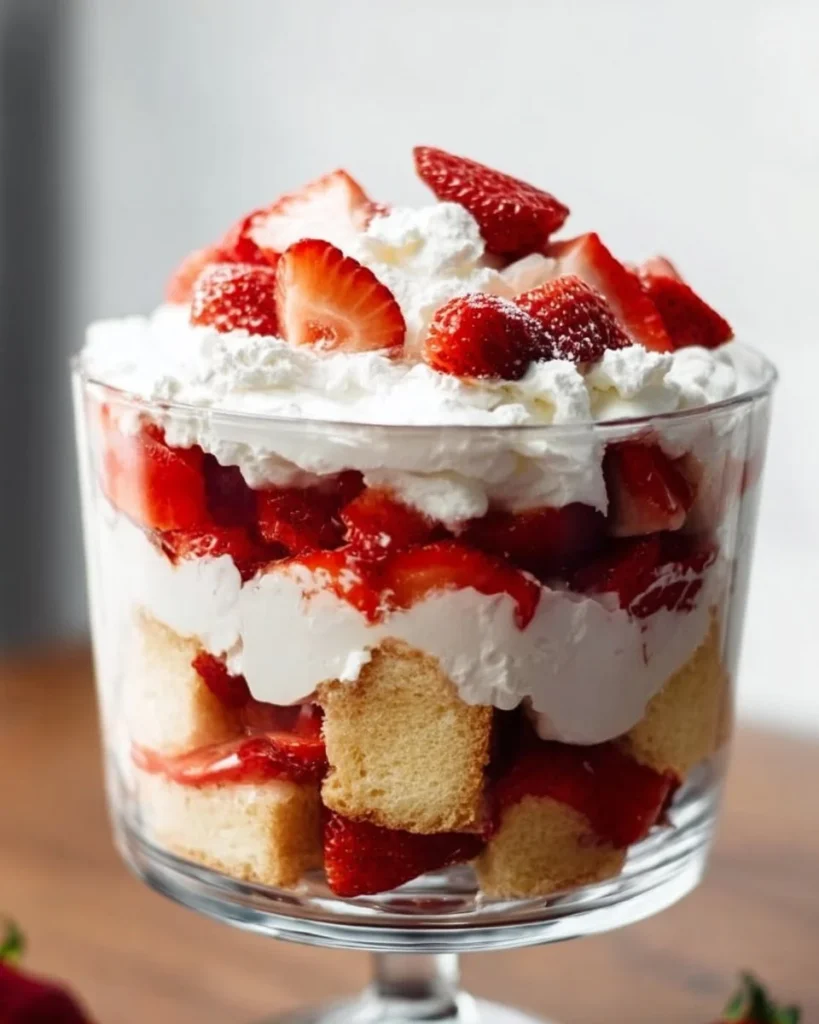 Delicious Strawberry Shortcake Trifle with layers of strawberries and cream