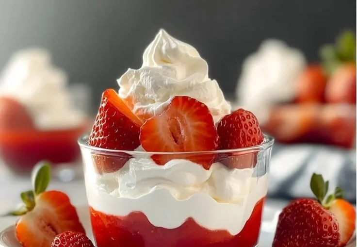 Delicious strawberry whipped cream dessert topped with fresh strawberries