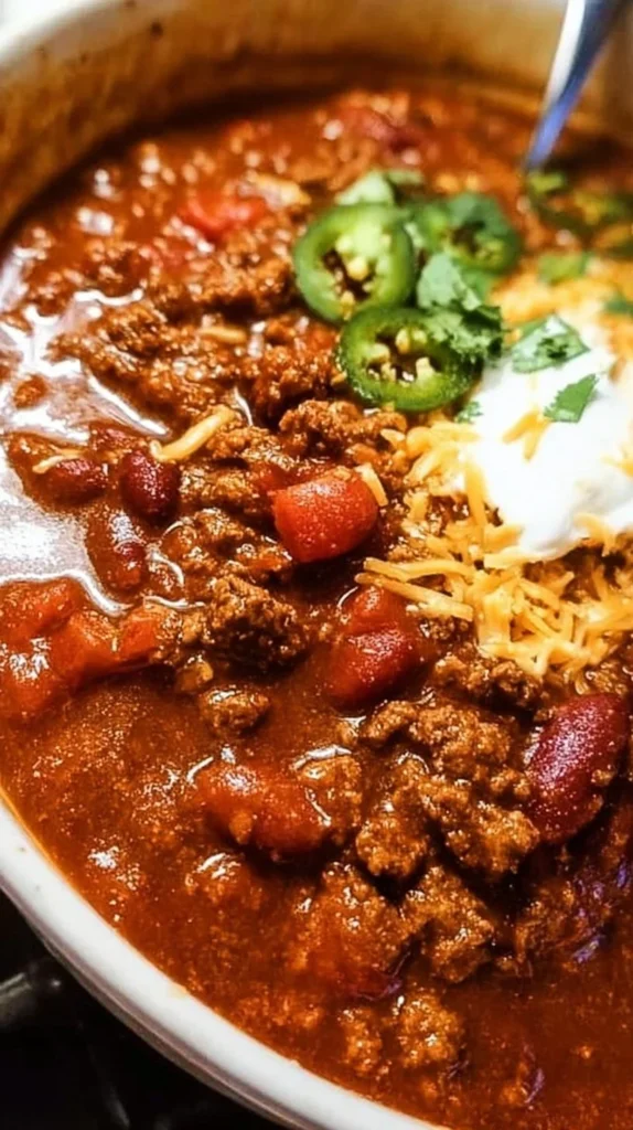 Bowl of Texas No Beans Chili garnished with fresh herbs