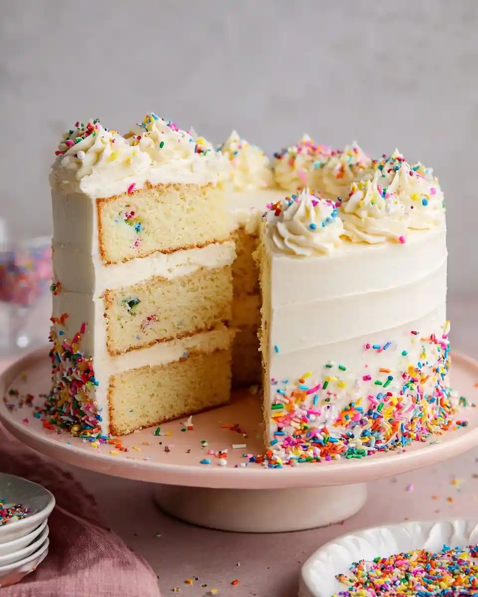 A sliced three-layer funfetti cake with white vanilla frosting and rainbow sprinkles on a pink stand.