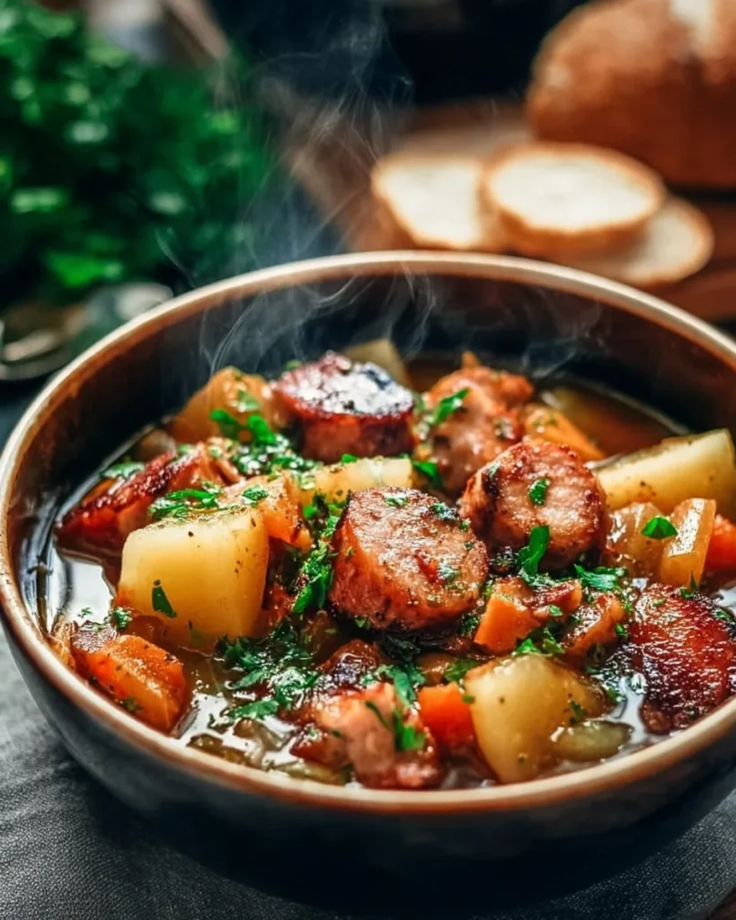 Bowl of traditional Dublin Coddle with sausages, potatoes, and onions