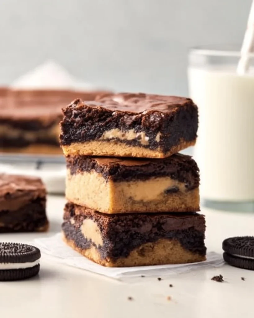 Ultimate slutty brownies with layers of cookie dough, Oreos, and rich brownie mix
