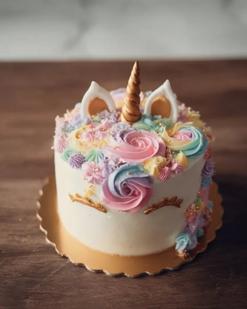Colorful unicorn birthday cake with rainbow frosting and a unicorn topper
