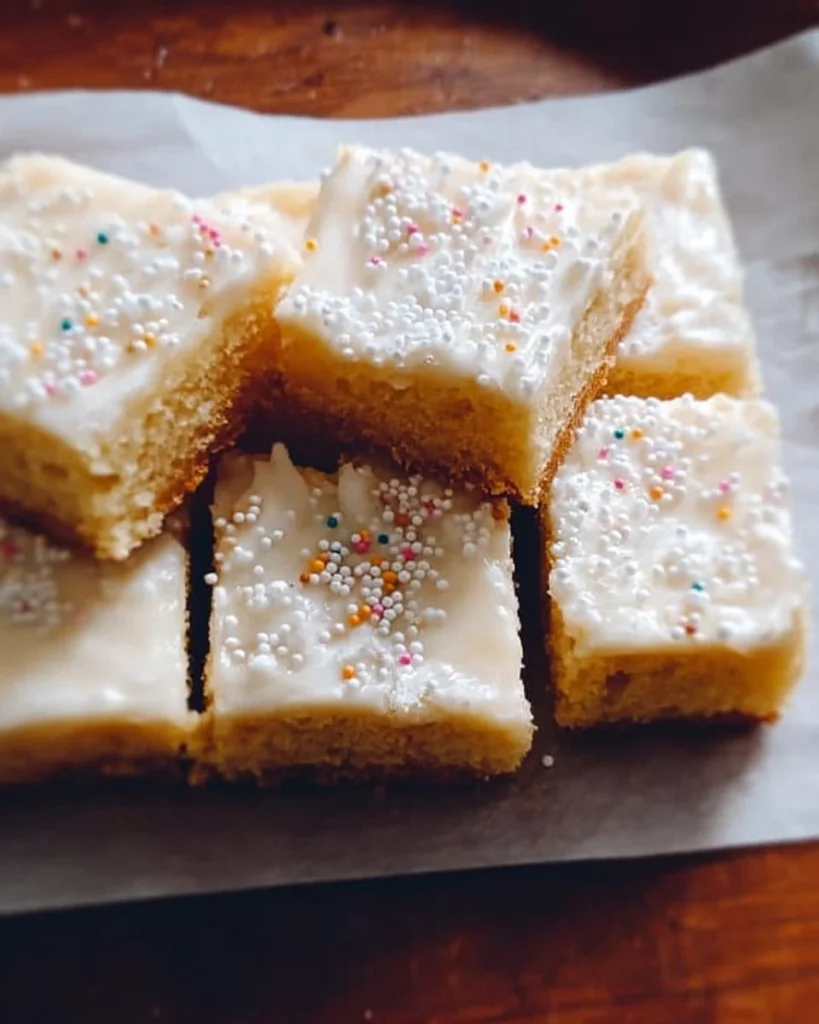 Delicious Vanilla Frosted Sugar Bars stacked on a plate.