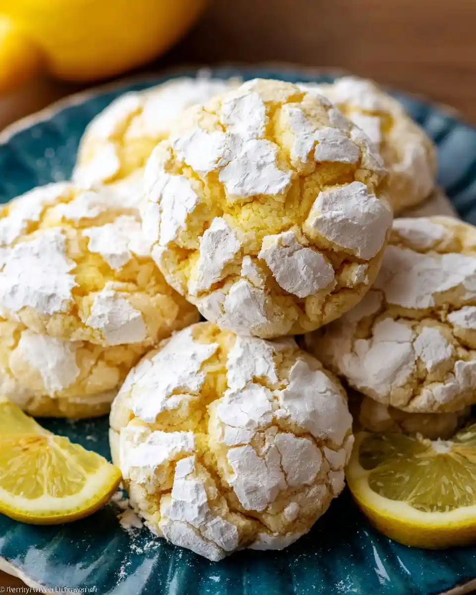 A pile of soft lemon crinkle cookies dusted with powdered sugar on a blue plate next to fresh lemon slices.