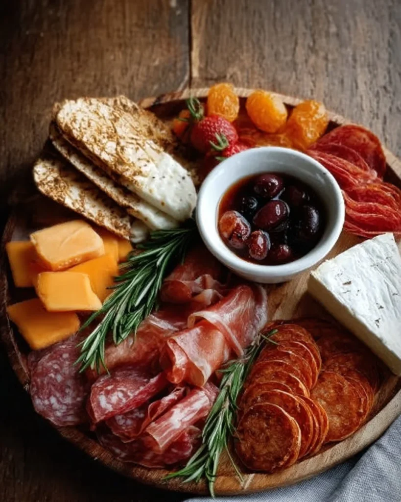 Colorful charcuterie snack plate with assorted meats, cheeses, fruits, and nuts.