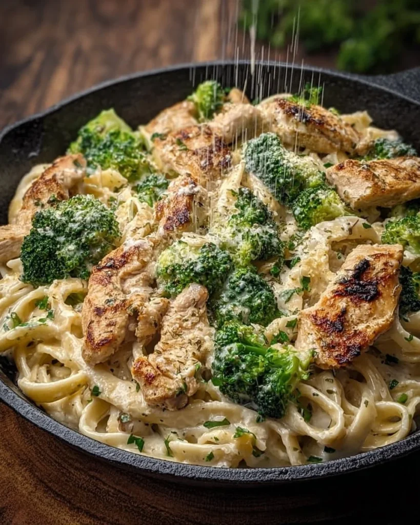 Creamy Chicken Broccoli Alfredo dish served on a plate with pasta and broccoli.