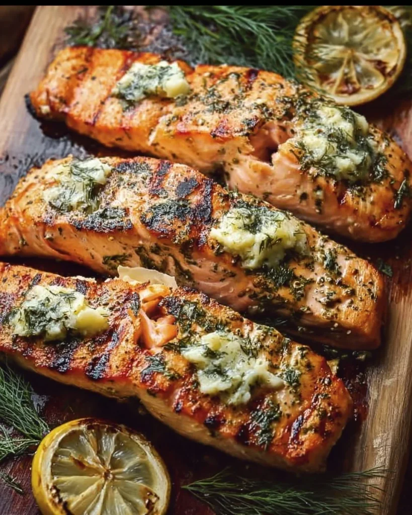 Grilled salmon fillet with lemon dill butter sauce on a plate