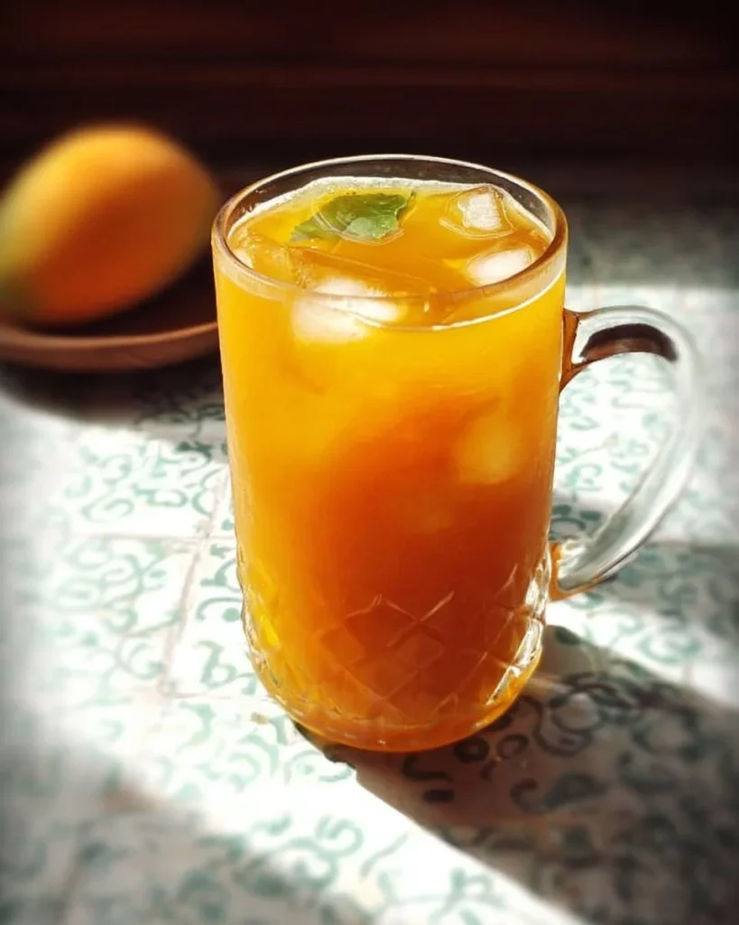 Glass of refreshing mango iced tea summer drink