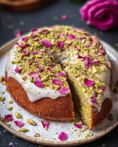 Pistachio Rose Water Almond Cake garnished with pistachios and rose petals