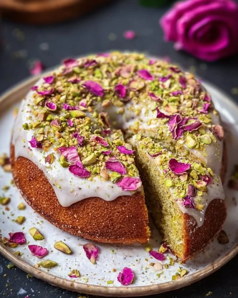 Pistachio Rose Water Almond Cake garnished with pistachios and rose petals