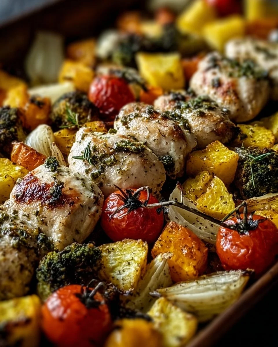 Sheet pan featuring ranch chicken and roasted vegetables, ready to serve.