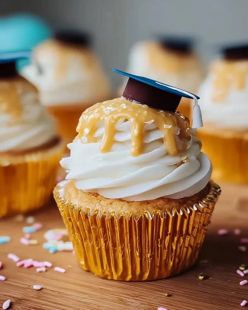 Decorative vanilla graduation cupcakes with caps and diplomas.